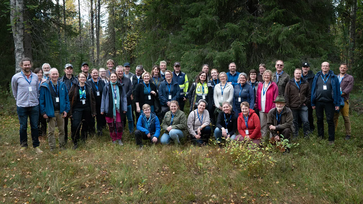 En grupp personer står i skogen.