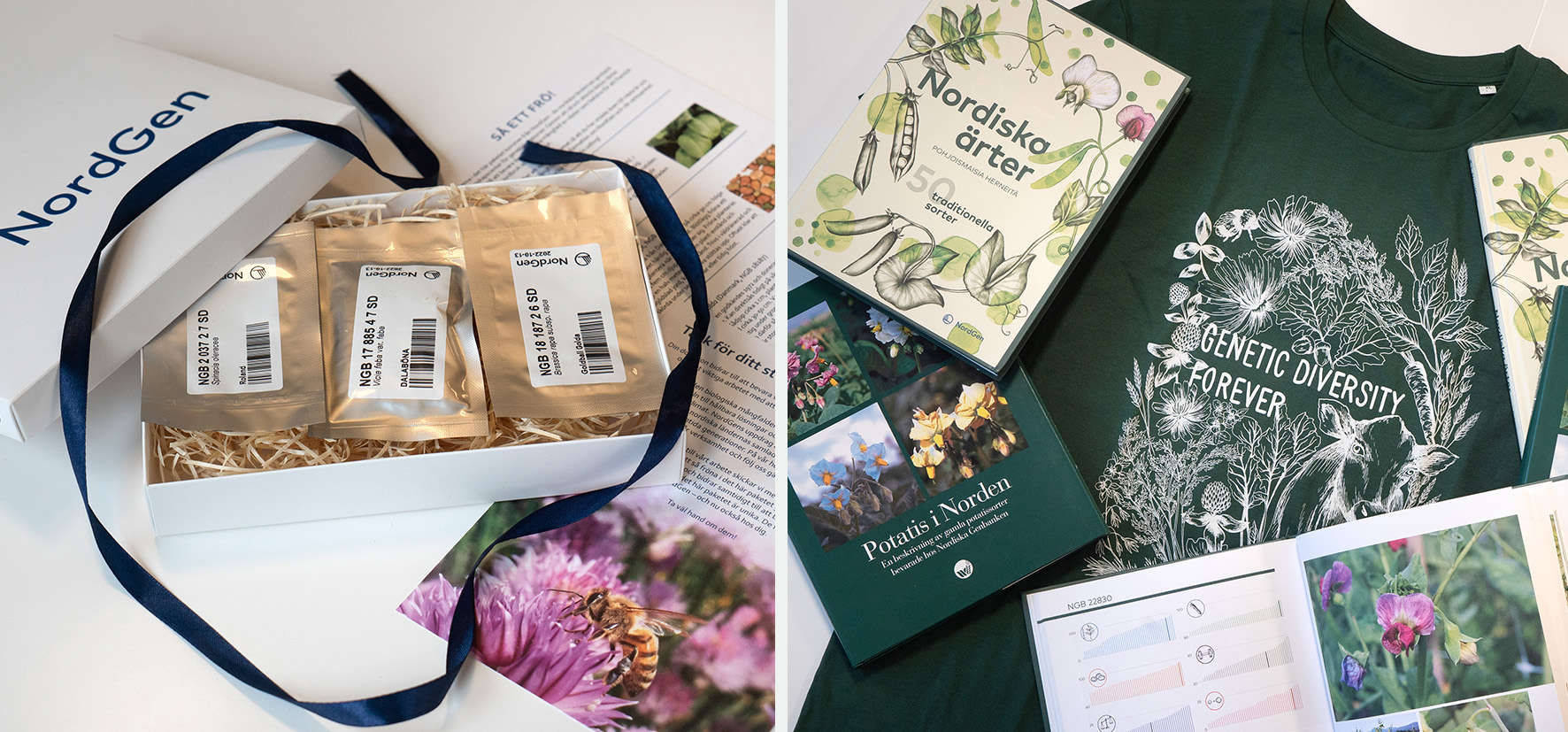 Kollage med bilder som visar fröpåsar i en kartong, t-shirt och böcker.