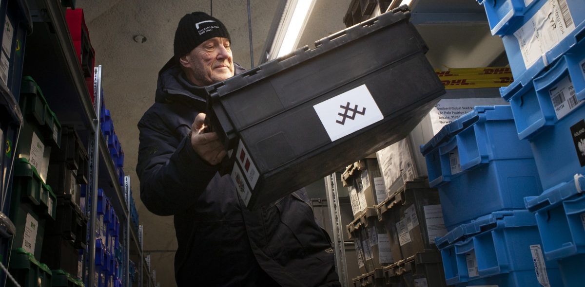NordGens frövalvskoordinator Åsmund Asdal placerar Lettlands låda på hyllan