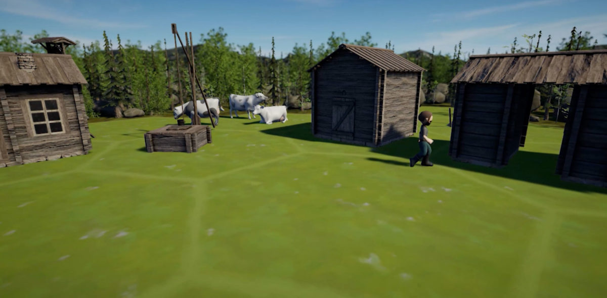 Landscape with cattle, farm buildings and people from game application nordic cows