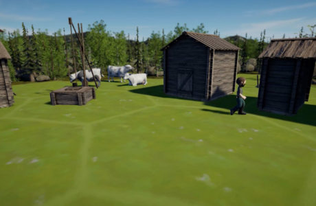 Landscape with cattle, farm buildings and people from game application nordic cows