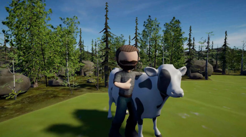 Landskap med en man som visar tummen upp tillsammans med en ko i spelapplikationen Nordic Cows