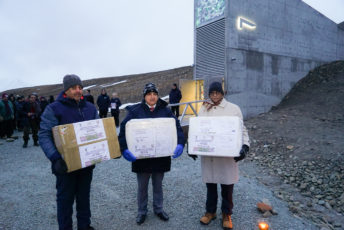 Three men standing in front of the Seed Vault exterior carrying one seed box each.