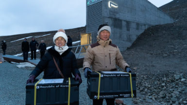 A woman wearing a black coat and white hat standing next to a man with beige jacket and white hat, both carrying seed boxes labeled Republic of Korea. The Seed Vault exterior in the background.