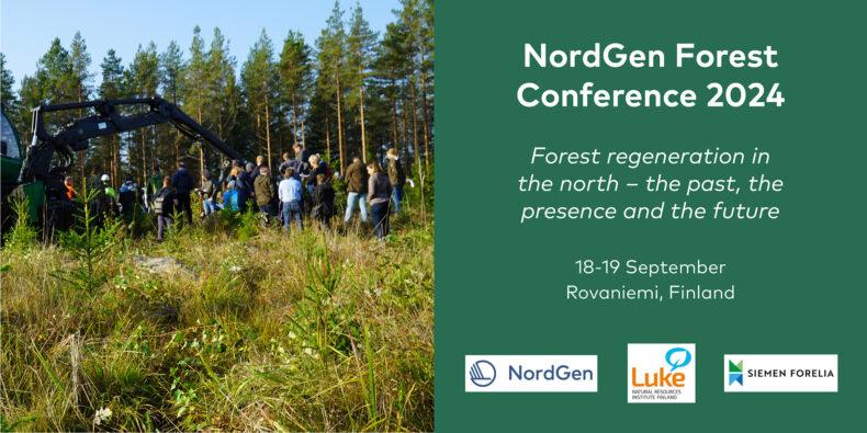 Flyer för NordGens skogskonferens 2024 med ett fotografi som visar en grupp människor som står i en tallskog.